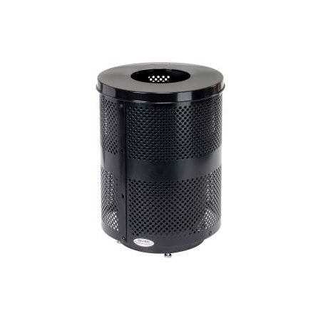 Outdoor Perforated Steel Trash Can With Flat Lid   Base, 36 Gallon, Black